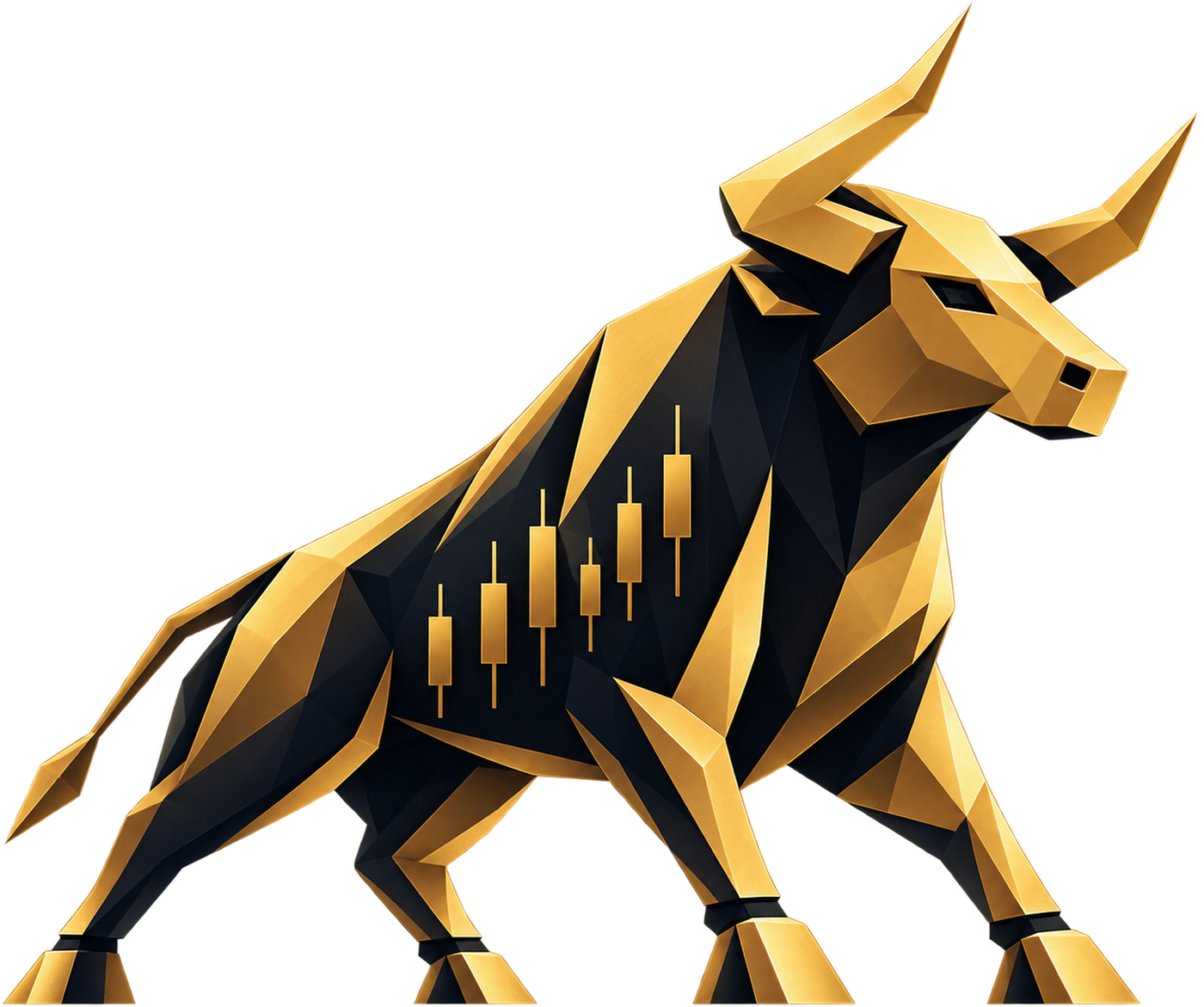 The Bull Buddy bull: a gold and black low-poly bull with candlesticks on its side